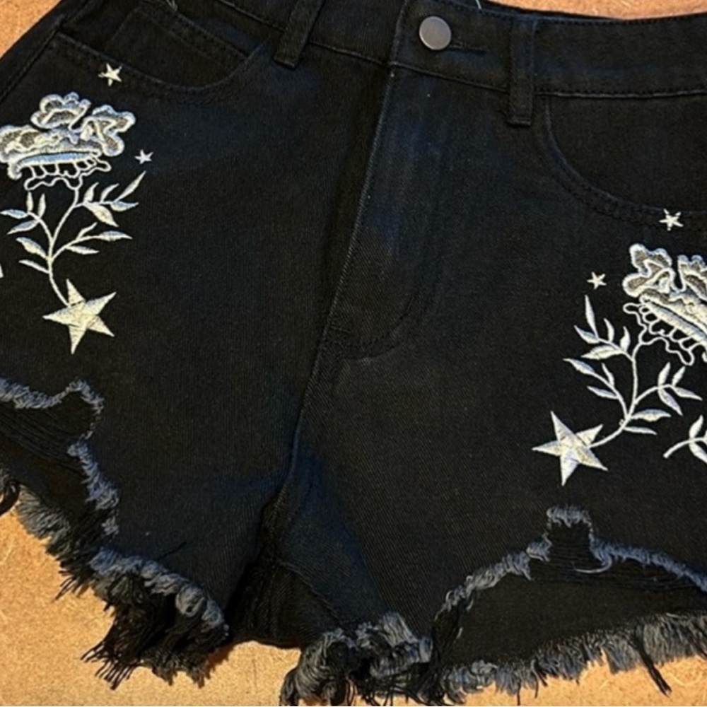 12th Tribe Black Denim Jean Shorts with White Floral Embroidery